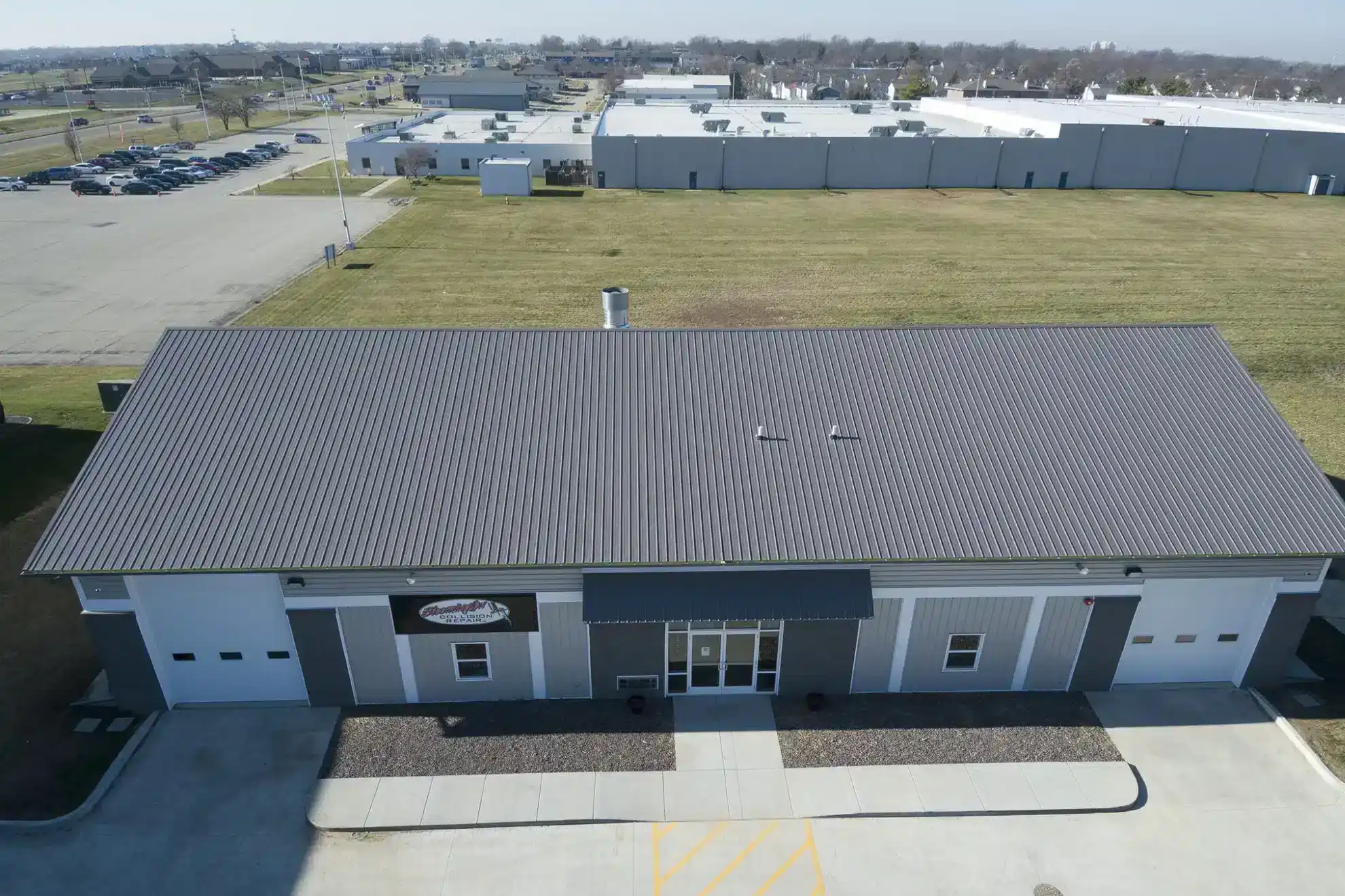 Aerial view of commercial building.